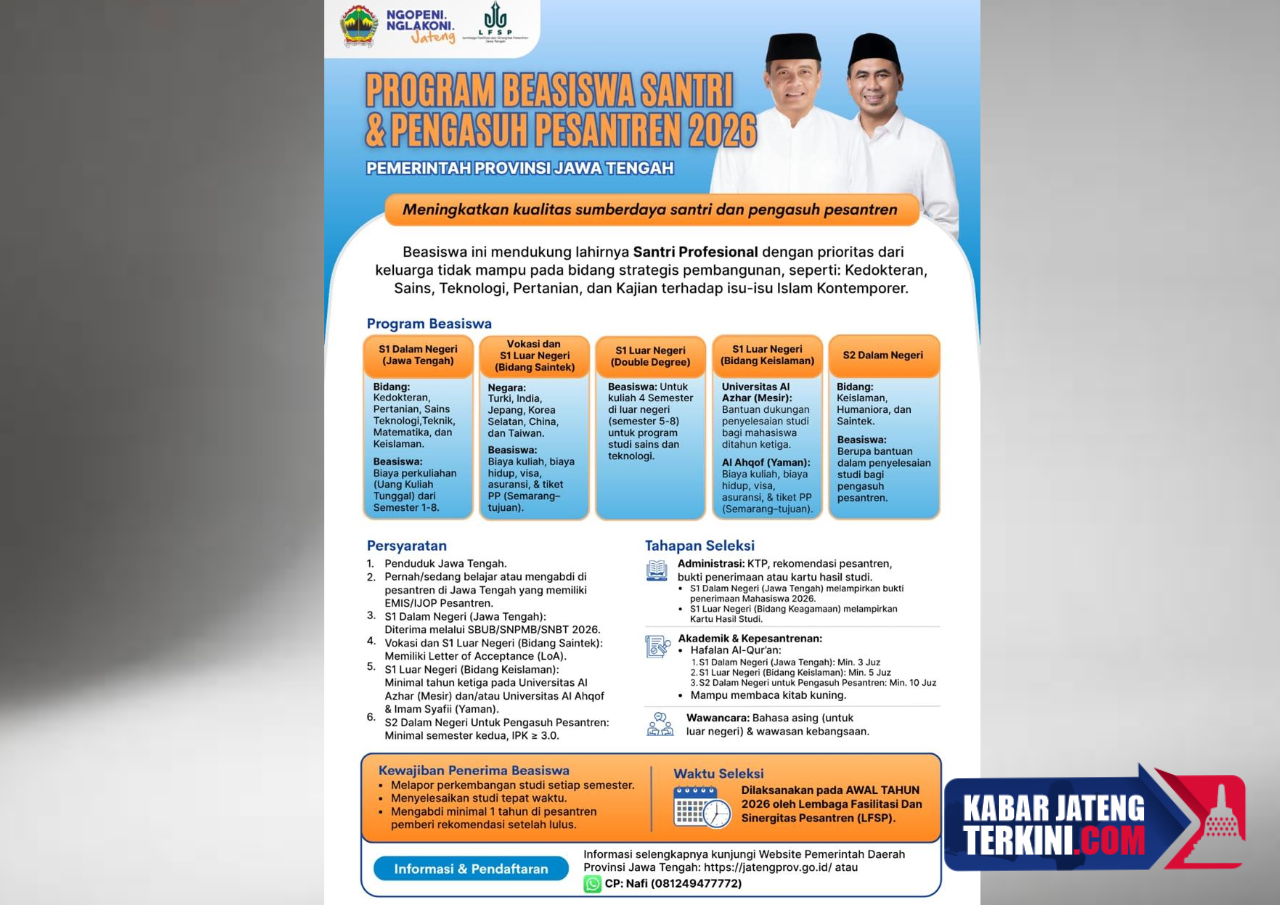 Beasiswa Santri dan Pengasuh Pesantren di Jawa Tengah Mulai Dibuka, Simak Persyaratannya!